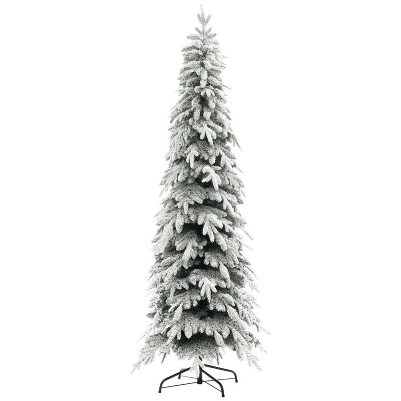 HOMCOM 7ft Pencil Flocked Artificial Christmas Tree with 800 Branch Tips, Auto Open and Steel Base, Green