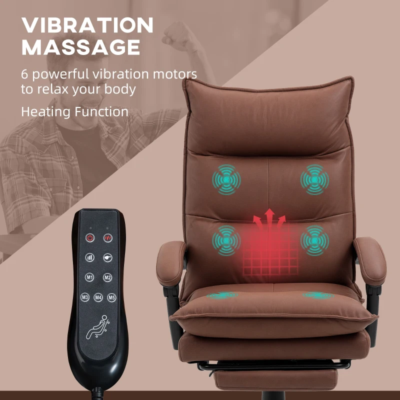 Vinsetto Executive Massage Office Chair with 6 Vibration Points, Microfiber Computer Desk Chair, Heated Reclining Chair with Footrest, Armrest, Double Padding, Brown