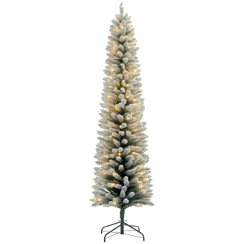 HOMCOM 7ft Artificial Prelit Christmas Tree with Warm White LED Light, Snow Flocked Branches, Metal Base, Pencil Xmas Tree