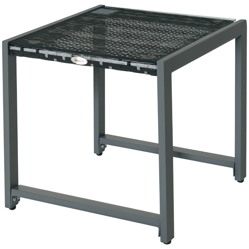 Outsunny Rattan Coffee Table, Wicker Patio Side Table with Tempered Glass Top and Aluminum Frame for Outdoor, Garden, Gray