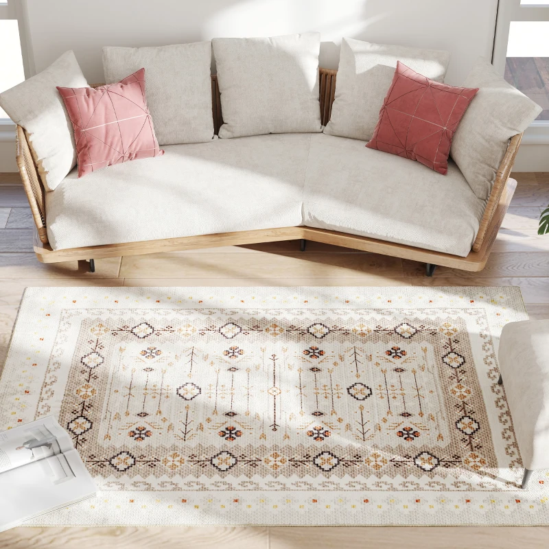 HOMCOM Machine Washable Area Rug 5x7, Non-Slip Boho Flannel Print Floor Carpet for Living Room, Bedroom, Dining Room, Brown
