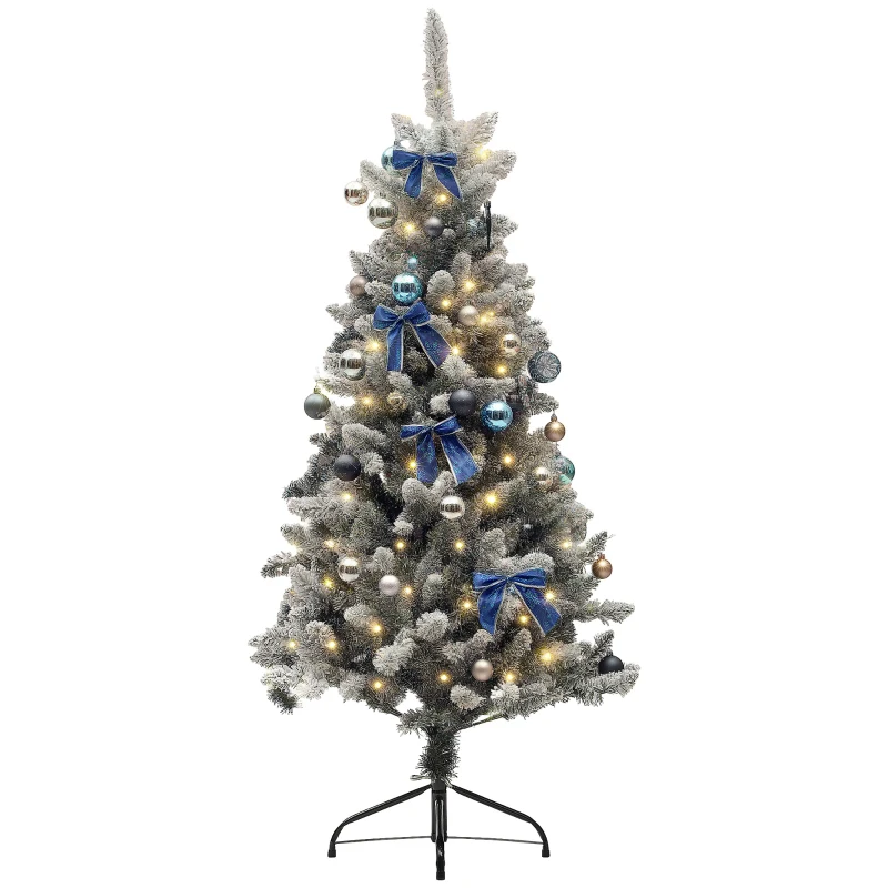 HOMCOM 5ft Prelit Artificial Christmas Tree with Blue Ornaments, Flocked Christmas Tree with LED Lights for Holiday