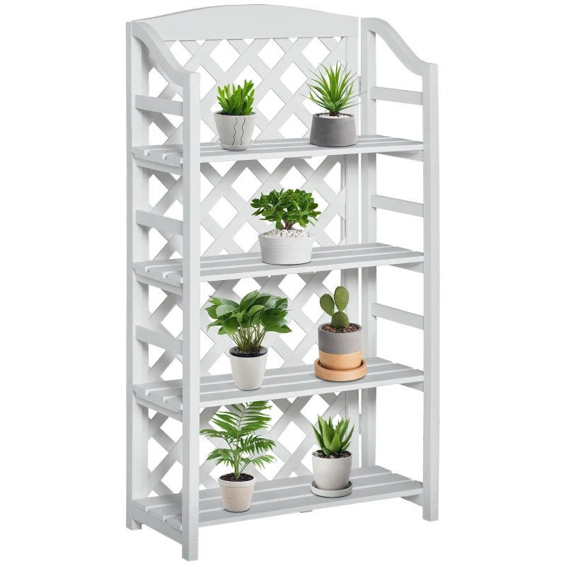 Outsunny Wooden Rustic 4-Tier Foldable Plant Stand with Adjustable Slatted Shelves Indoor & Outdoor Display Rack Plant Pot Organizer White 67 x 33 x 123 cm