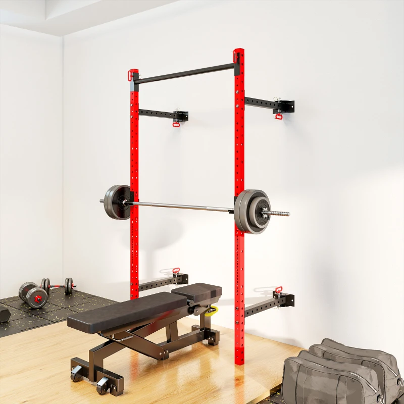 Soozier Folding Squat Rack with Pull Up Bar, Wall Mounted and Adjustable, 1000 Pounds Capacity Power Rack, Red