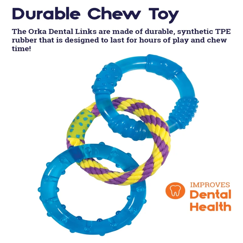 Petstages Orka Dental Links Dog Chew Toy with ORKA Material, Textured Design for Teeth Cleaning, Gum Massage, 9" L x 4" W x 1" H, Multicolor