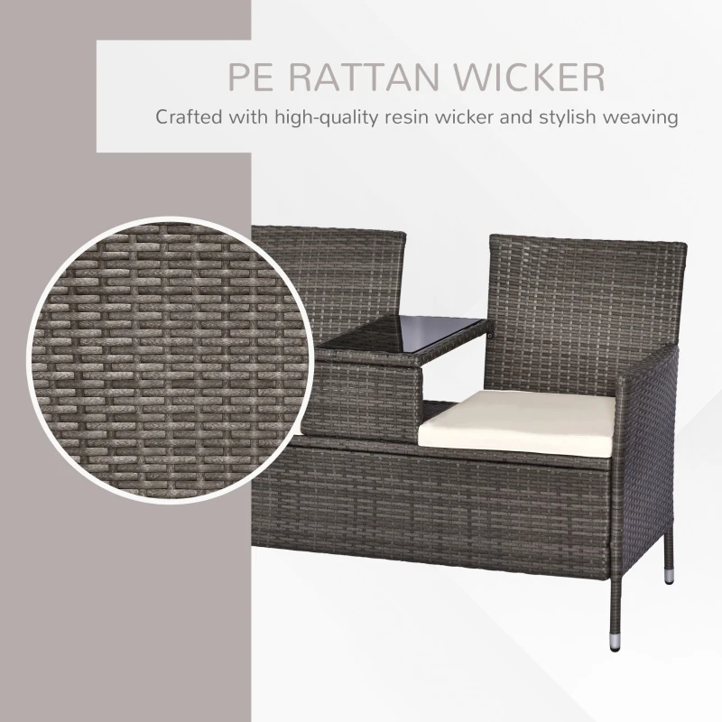Outsunny 2 Seat Rattan Wicker Chair with Cushion Garden Bench with Tea Table Backyard All Weather Padded Seat Grey