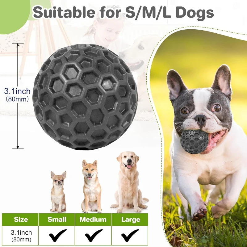 Tough Chew Toys with Teeth Cleaning Texture, High Elasticity, Squeaky Dog Balls for Aggressive Chewers, 3" L x 3" W x 3" H, Black