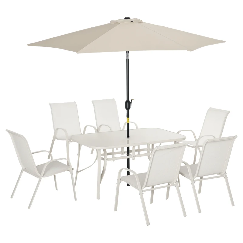 Outsunny 8 Pieces Patio Dining Set with Umbrella, 6 Chairs and Table, Cream White