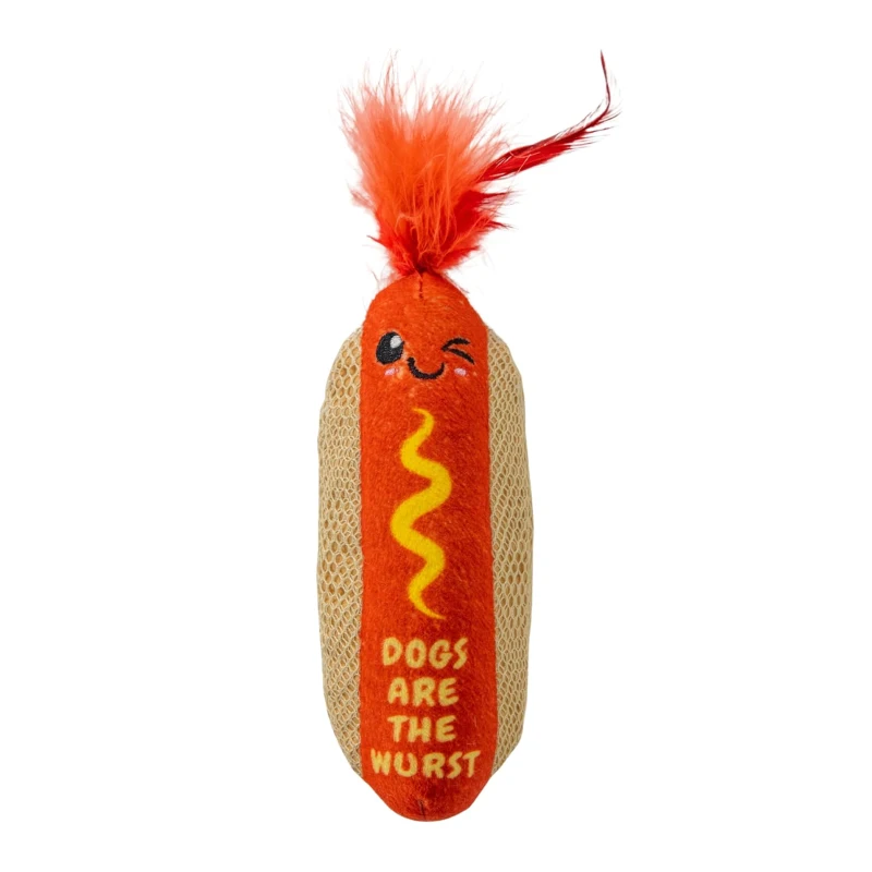 Catstages Hotdog Kicker Toy with Catnip, Dental Mesh, Plush and Feather Cat Toy for Kicking, Tossing, Teeth Cleaning, 2" L x 2" W x 6.5" H, Red