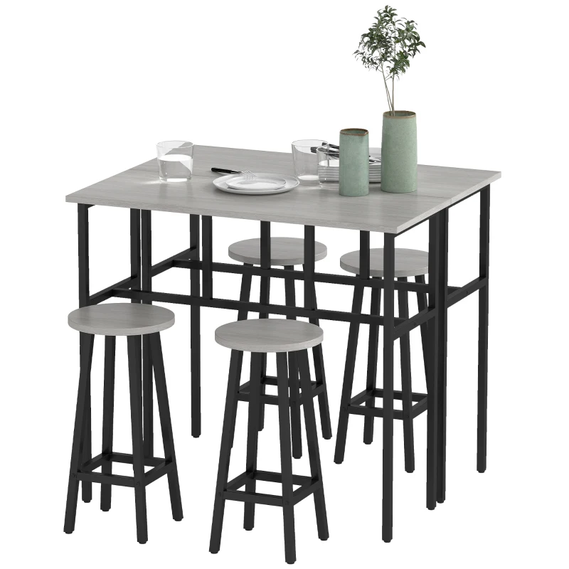 HOMCOM Bar Table Set of 6, Bar Table and Stools for 4, 2 Breakfast Tables and 4 Stools for Living Room, Dining Room, Grey