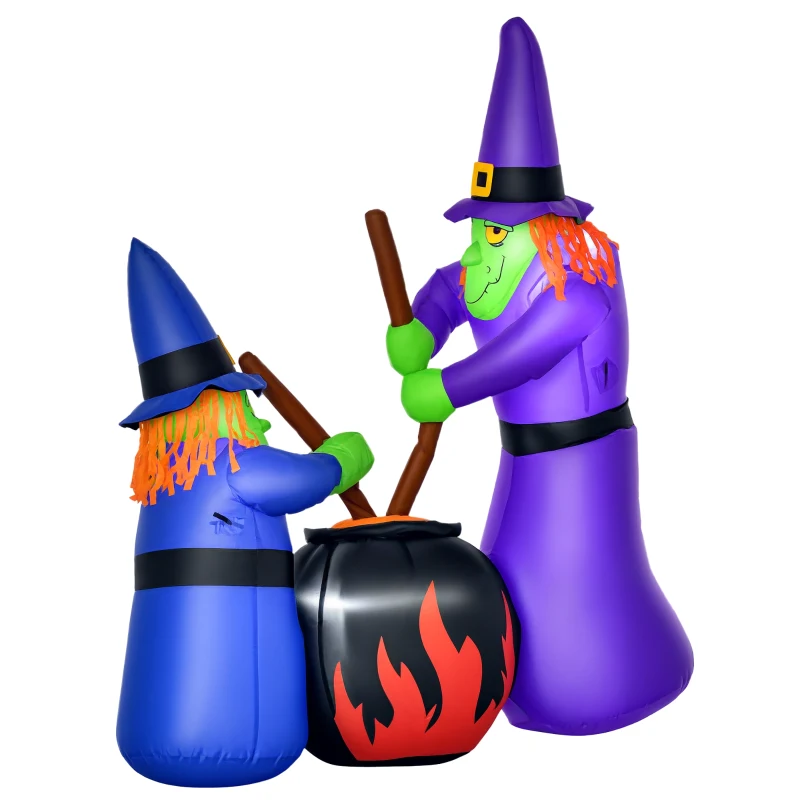 HOMCOM 6' Halloween Inflatables Outdoor Decorations Witches With Cauldron LED Light, Blow Up LED Yard Decor for Garden, Lawn, Party, Holiday