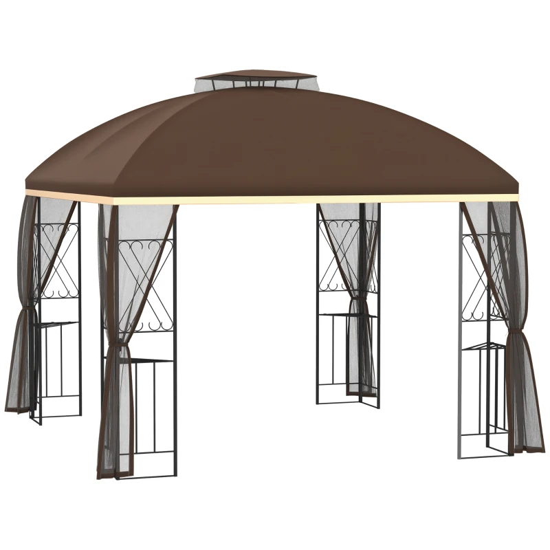 Outsunny 10' x 10' Outdoor Patio Gazebo Canopy with Double Tier Roof, Removable Mesh Nettings, Display Shelves, Brown