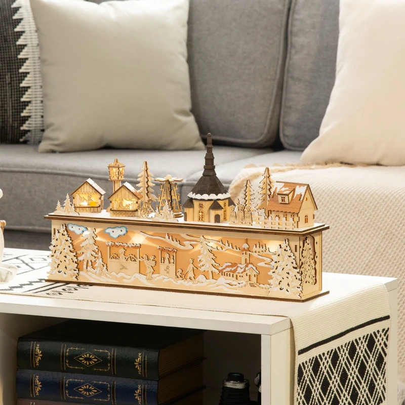 HOMCOM Christmas Village House Decoration, Pre-lit Winter Wonderland with 10 Battery Operated LED Lights, Indoor Room Decor Collection