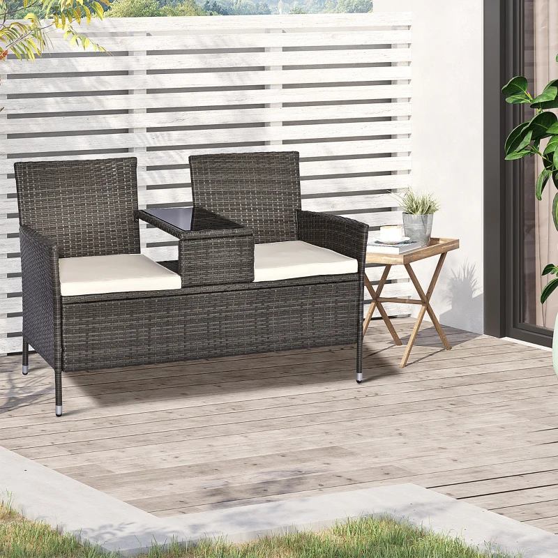 Outsunny 2 Seat Rattan Wicker Chair with Cushion Garden Bench with Tea Table Backyard All Weather Padded Seat Grey