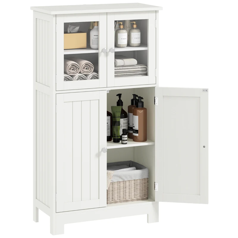 kleankin Bathroom Floor Storage Cabinet with Tempered Glass Doors and Adjustable Shelf, Kitchen Cupboard, Free Standing Organizer for Living Room Entryway, White