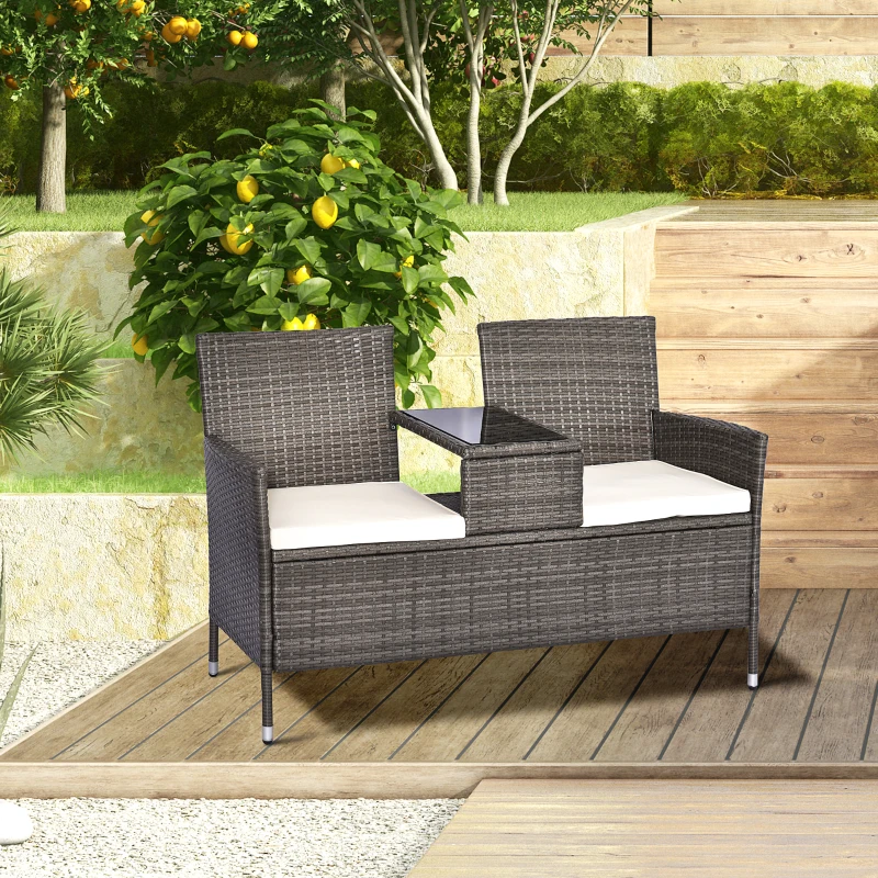 Outsunny 2 Seat Rattan Wicker Chair with Cushion Garden Bench with Tea Table Backyard All Weather Padded Seat Grey