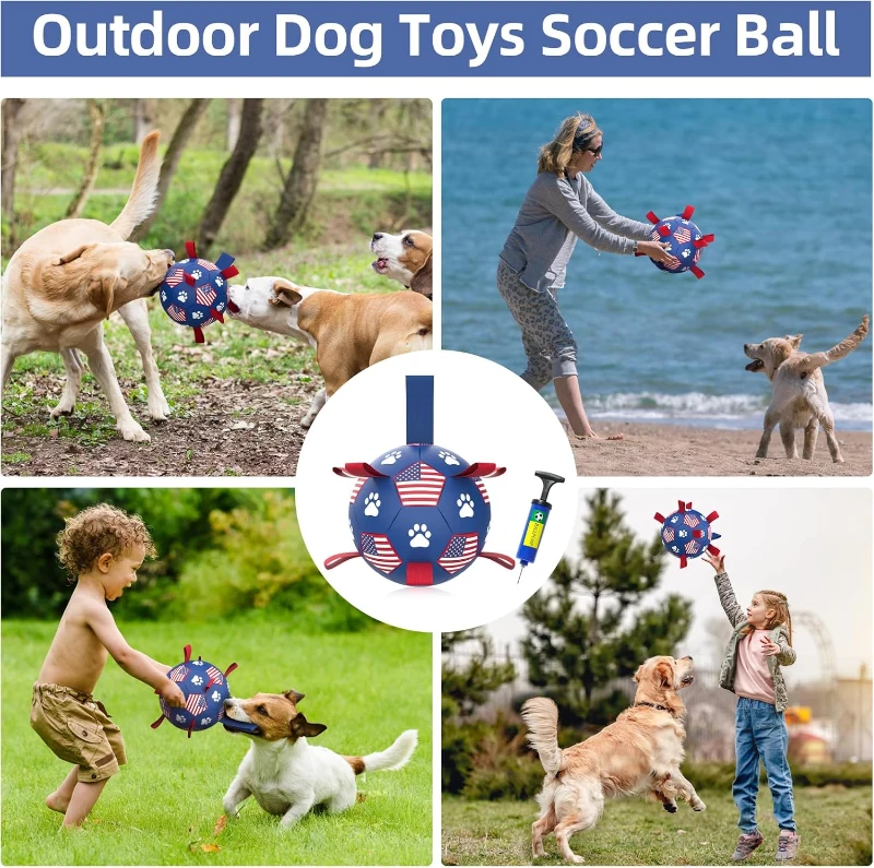 Interactive Dog Soccer Ball Toy with Straps, Convenient Package, Durable Water Toy for Small to Medium Dogs, 6" L x 6" W x 6" H, Blue+Red