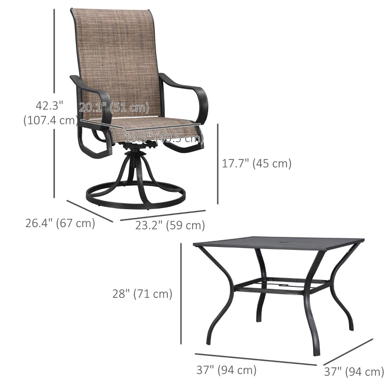 Outsunny 5-Piece Outdoor Patio Dining Set, 4 Swivel Rocker Chairs and 37" x 37" Dining Table Furniture Set with Umbrella Hole for Garden, Lawn and Backyard, Brown