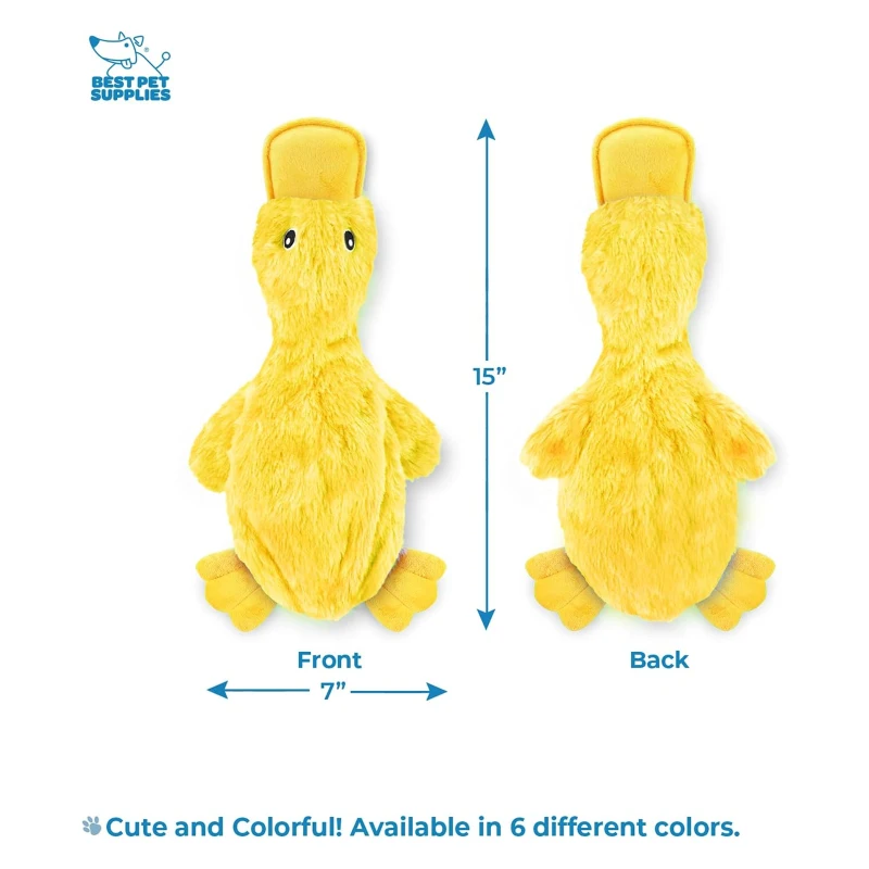 Crinkle Dog Toy with Soft Squeaker, Fun Indoor Chew and Play Toy, No Stuffing Duck for All Breeds, 15.5" L x 7.5" W x 1.5" H, Yellow