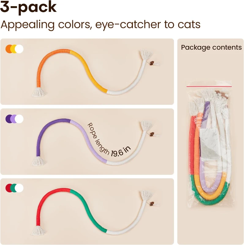 3-Pack Cat Chew Toys with Refillable Natural Catnip, Safe Teeth Cleaning, Interactive Play for All Breeds, 0.5" L x 0.5" W x 19.5" H, Multicolor