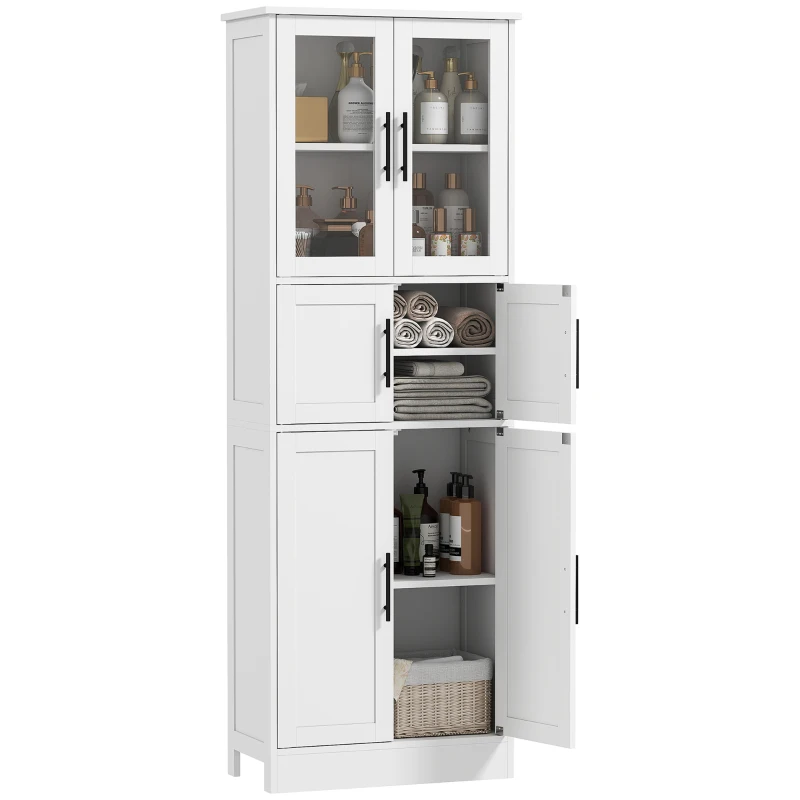 HOMCOM 67" Tall Bathroom Storage Cabinet, Modern Freestanding Bathroom Cabinet with Glass Doors and Adjustable Shelves, White