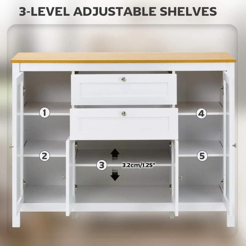 HOMCOM 47" Sideboard, Buffet Cabinet with Rubber Wood Top, Glass Door, Coffee Bar Cabinet, Kitchen Cabinet with Drawers, Adjustable Shelving for Living Room, White