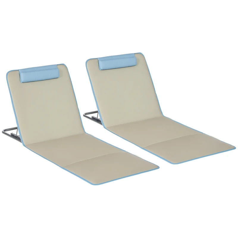 Outsunny Set of 2 Beach Lounge Chair, Folding Ground Beach Mat w/ Adjustable Back, Steel Frame, Head Pillow and Carry Bag, Beige