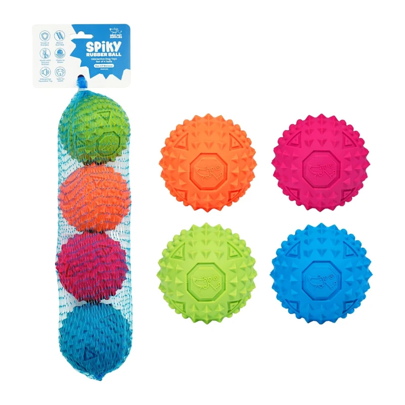 Tough Dog Toys for Aggressive Chewers, 4-Pack, Squeaky Non-Toxic Spiky Ball for Dental Health, 2.5" L x 2.5" W x 2.5" H, Multicolor