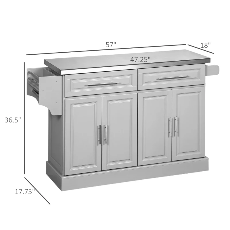 HOMCOM Rolling Kitchen Island Cart with Wheels, Portable Island Table for Kitchen with Stainless Steel Top, Adjustable Shelves, 2 Drawers, Spice, Knife and Towel Rack, Gray