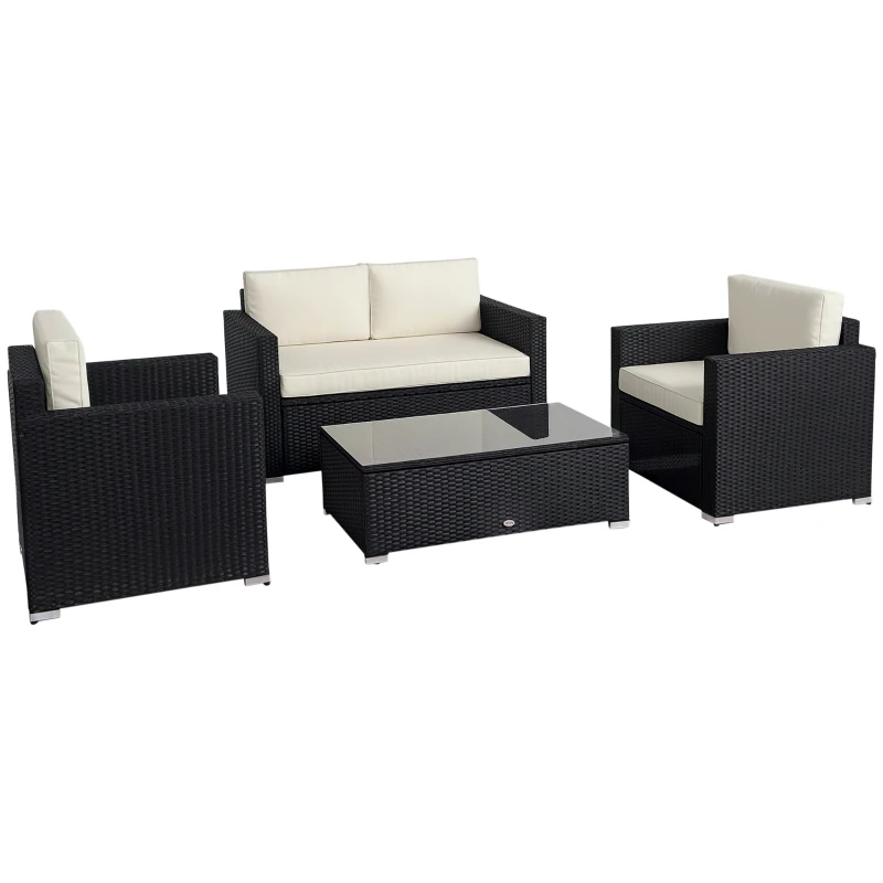 Outsunny 4-Piece Rattan Wicker Furniture Set, Outdoor Cushioned Conversation Furniture with 2 Chairs, Loveseat, and Glass Coffee Table, White