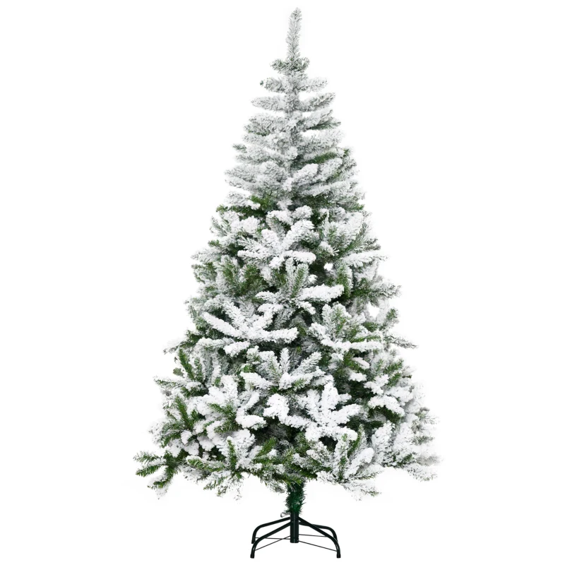 HOMCOM 6' Tall Unlit Snow Flocked Pine Artificial Christmas Tree with Realistic Branches, Green