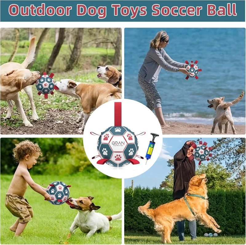 Dog Soccer Ball Toy with Straps, Interactive Water-Resistant Herding Ball for Small to Medium Dogs, 6" L x 6" W x 6" H, Blue+Red