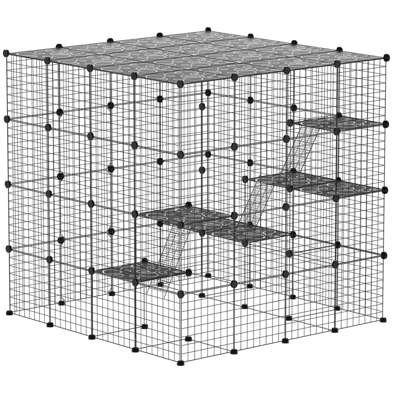 PawHut Detachable Metal Cat Cage with Platforms, Ramps, Accessories, for 1-3 Cats, 55", Black