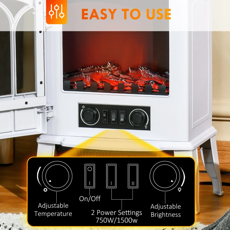 HOMCOM Electric Fireplace Stove, Freestanding Fireplace Heater with Realistic Flame, Adjustable brightness, Overheating Safety System, White