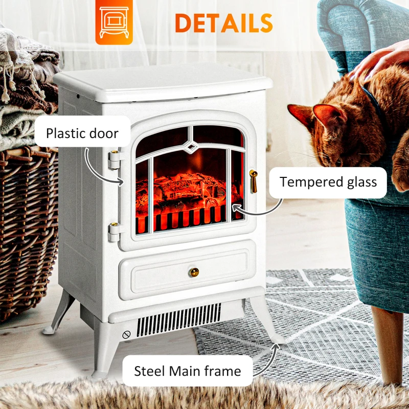 HOMCOM Fireplace Stove, Electric Fireplace Heater with Realistic LED Flames and Logs, 725W/1450W, White
