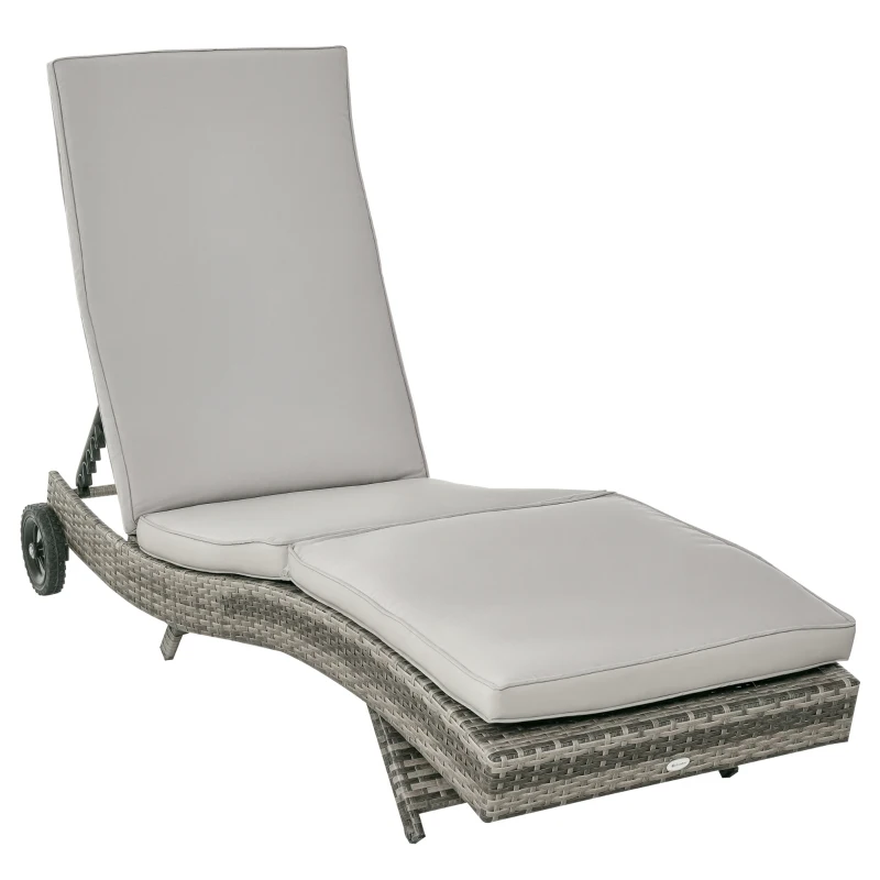 Outsunny Patio Wicker Chaise Lounge Chair, Outdoor PE Rattan Sun lounger with Adjustable Backrest and 2 Wheels, Gray