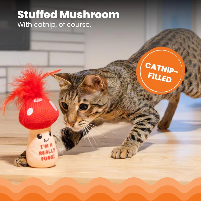 Catstages Mushroom Kicker Toy with Catnip, Dental Mesh, Plush and Feather Cat Toy for Kicking, Tossing, Teeth Cleaning, 3" L x 3" W x 5" H, Red