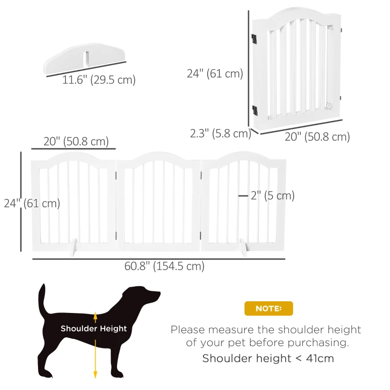 PawHut 24"H Foldable Dog Gate, 3 Panels Freestanding Pet Gate Barriers Indoor with Support Feet, Puppy Fence for Small Dogs, White