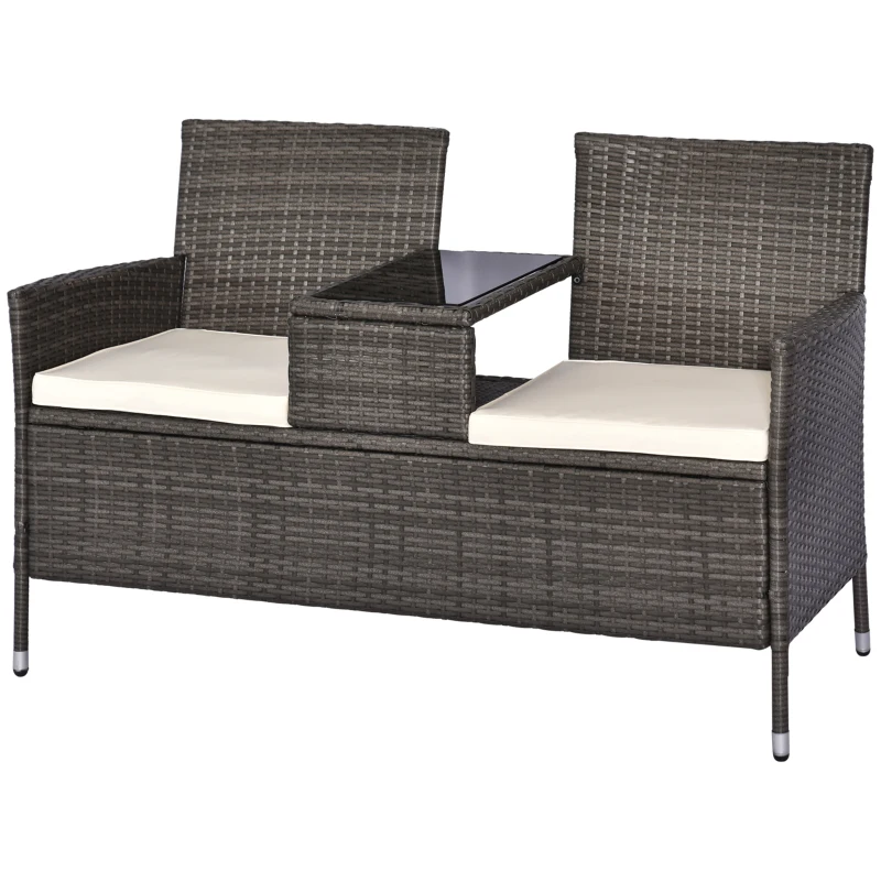Outsunny 2 Seat Rattan Wicker Chair with Cushion Garden Bench with Tea Table Backyard All Weather Padded Seat Grey