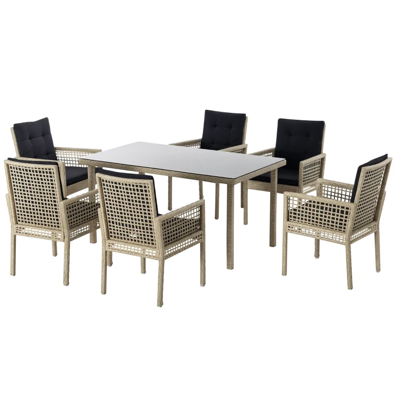 Outsunny 7 Pieces Wicker Patio Dining Set Outdoor Furniture Set with Removable Cushions, Glass Top Dining Table, PE Rattan Conversation Set for Garden Poolside Backyard, Black