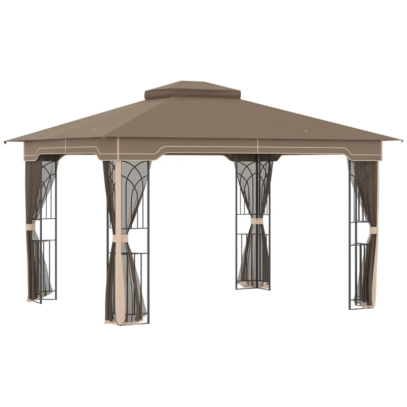Outsunny 12' x 10' Soft-top Patio Gazebo Covered Gazebo Backyard Tent with Double Tier Roof and Netting Sidewalls, Brown