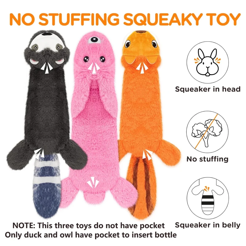 5-Pack Interactive and Durable Dog Squeak Toys for All Breed Sizes, No Stuffing Plush Crinkle Chew Toys, 16" L x 13" W x 1" H, Multicolor