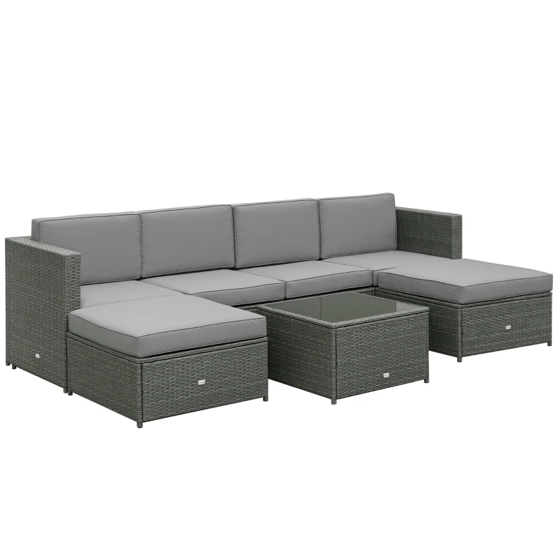 Outsunny 7pcs Wicker Rattan Sectional Set Outdoor Patio Sofa Table Footstools Set Garden Furniture with Cushions, Grey