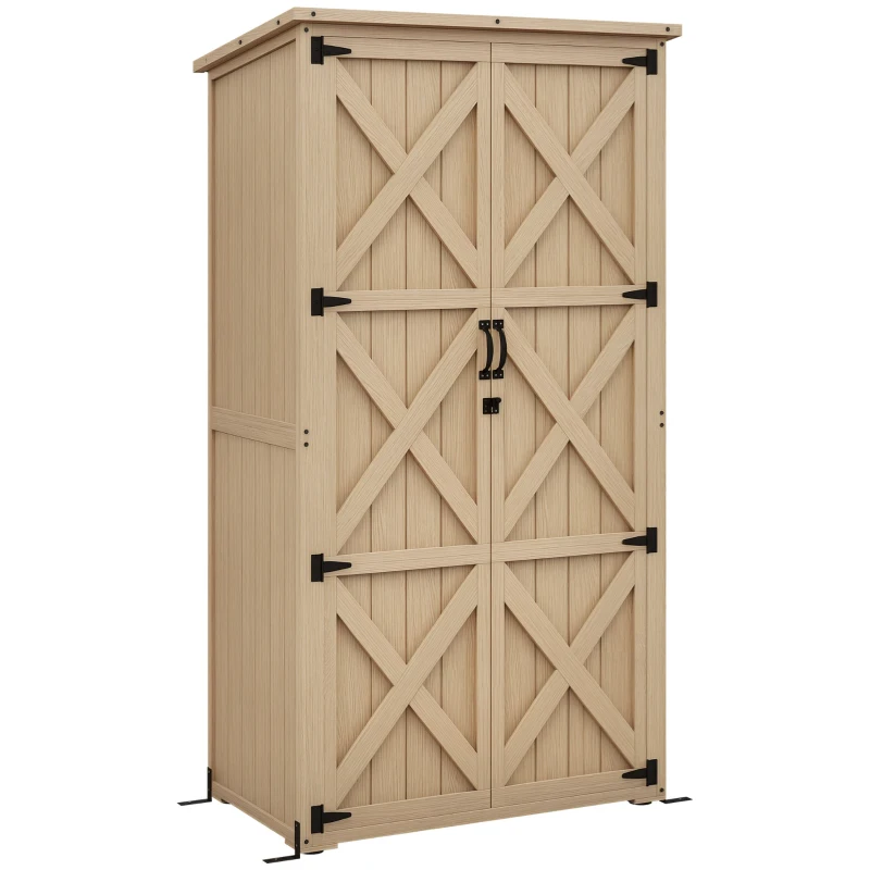 Outsunny Wooden Outdoor Storage Cabinet Garden Shed with Waterproof Asphalt Roof and Lockable Doors, Natural