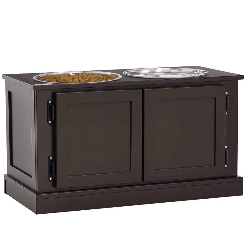 PawHut Elevated Dog Bowls with Storage Cabinet, Raised Pet Bowls Stand with 2 Stainless Steel Bowls for Water and Food, for Large Dogs, Brown