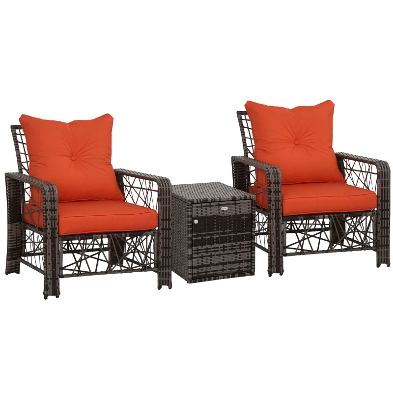 Outsunny 3 Pieces Wicker Patio Furniture Set, Rattan Bistro Set with Storage Coffee Table and Thickened Cushions, Outdoor Conversation Set for Garden, Porch, Balcony, Red