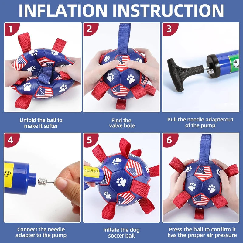 Interactive Dog Soccer Ball Toy with Straps, Convenient Package, Durable Water Toy for Small to Medium Dogs, 6" L x 6" W x 6" H, Blue+Red