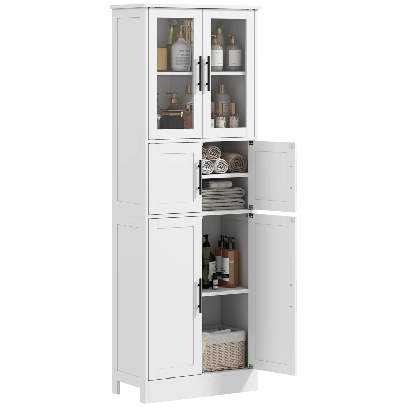 HOMCOM 67" Tall Bathroom Storage Cabinet, Modern Freestanding Bathroom Cabinet with Glass Doors and Adjustable Shelves, White