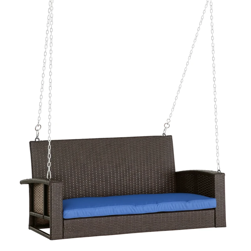 Outsunny 2-Person Patio Porch Swing Chair, Outdoor Rattan Hanging Bench with Cushion & 7.2 ft Steel Chains, Dark Blue