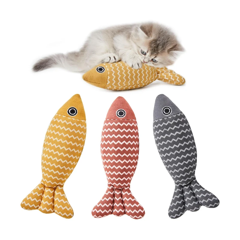 3-Pack Potaroma Cat Toys Fish with Catnip, Crinkle Sound, Interactive Kicker Toys for Indoor Cats, 8" L x 2.5" W x 2" H, Yellow+Orange+Grey